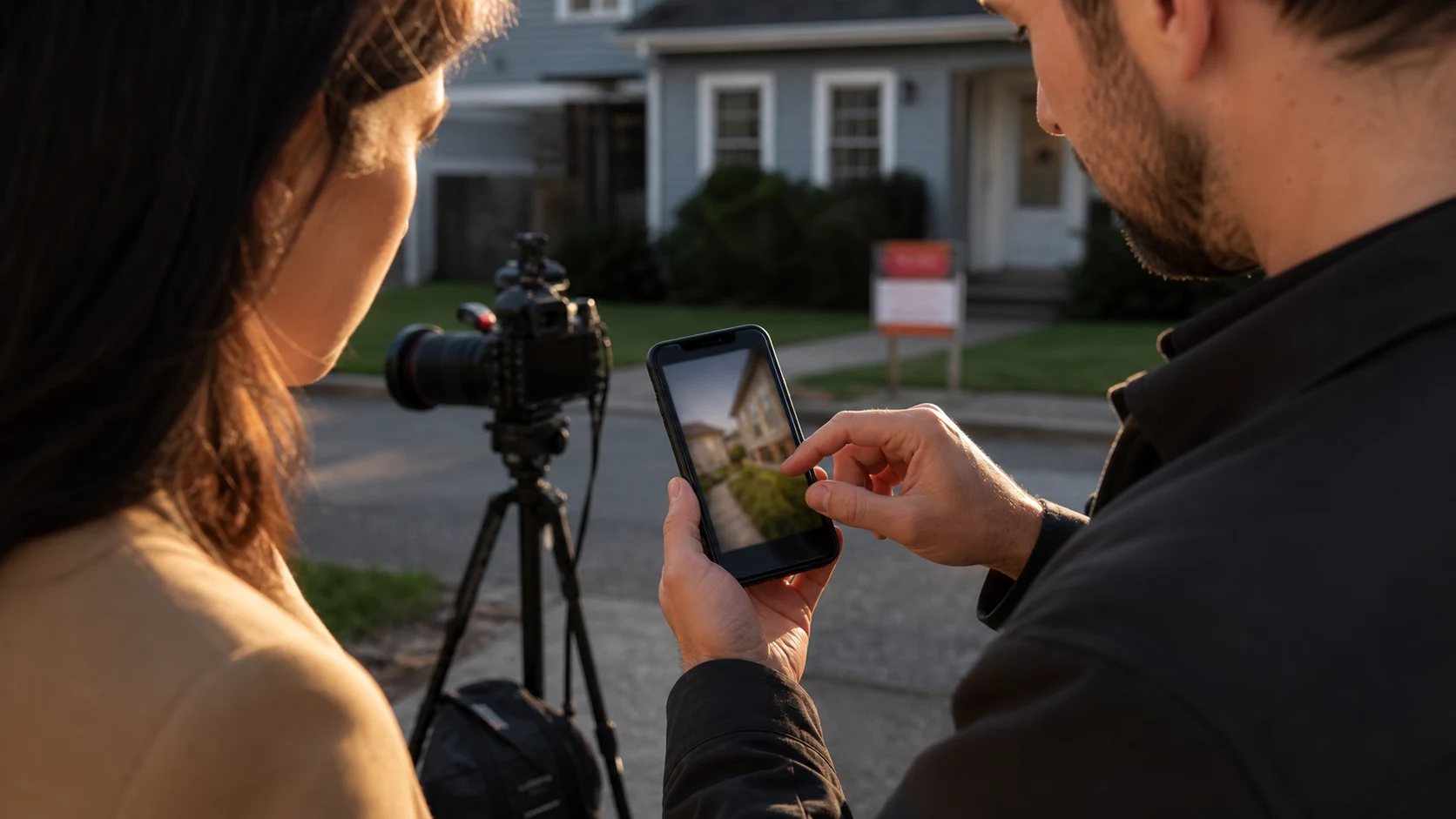 Real estate photographer and agent reviewing a vertical property video outside a listing