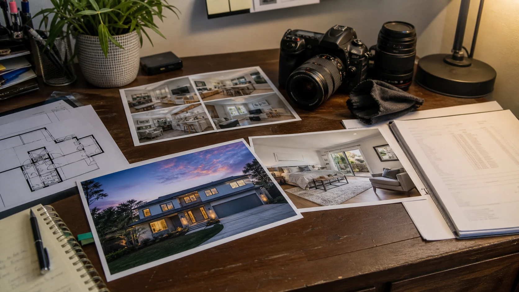 Real estate photography upsell materials with listing photos, floor plan, camera gear, and twilight exterior print