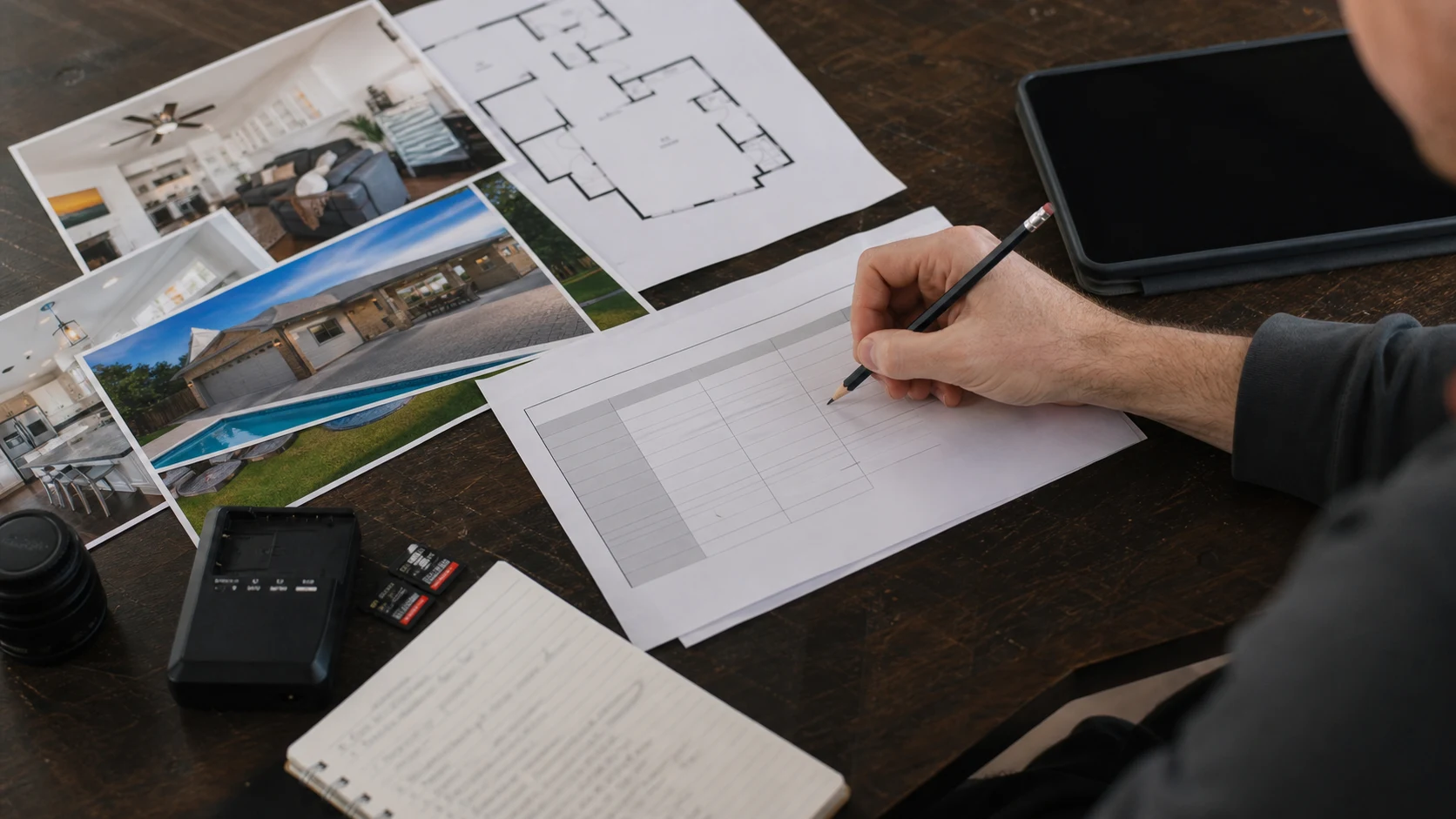 Real estate photographer marking up a photography upsell pricing worksheet beside listing media samples