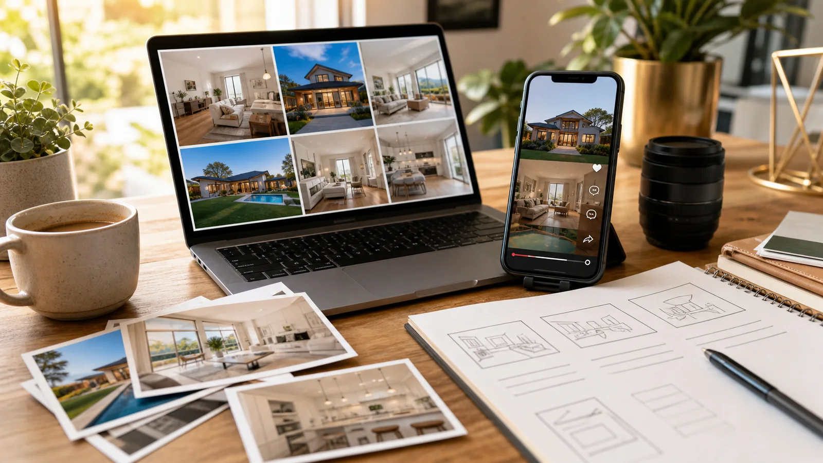 Real estate photos being turned into a vertical listing Reel on a phone and laptop