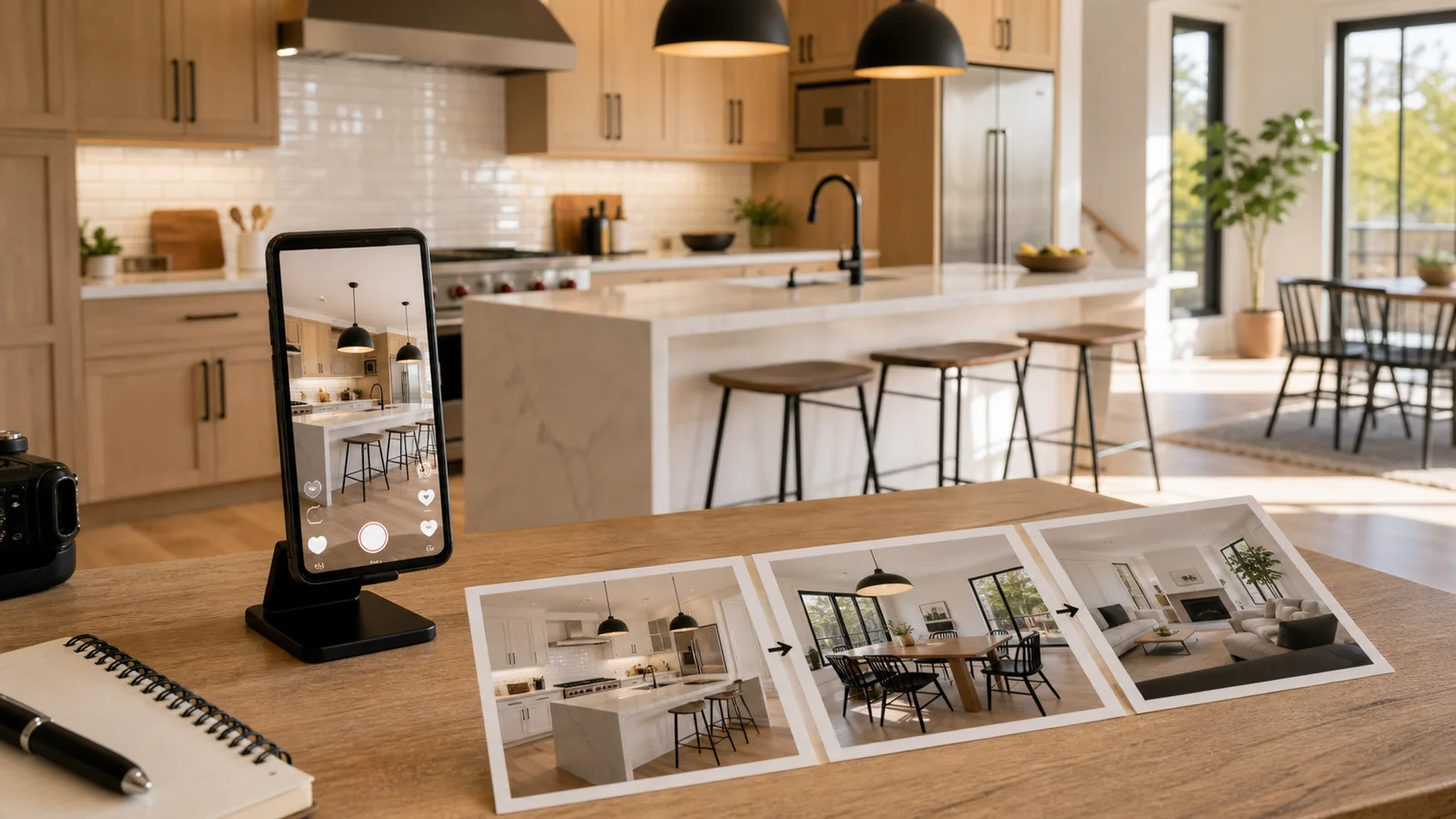 Kitchen-first listing Reel storyboard with kitchen photos and phone preview