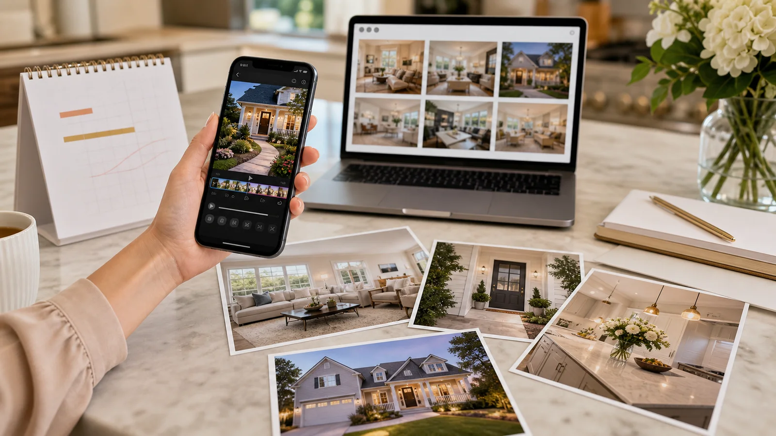 Open house teaser Reel made from listing photos on phone and laptop