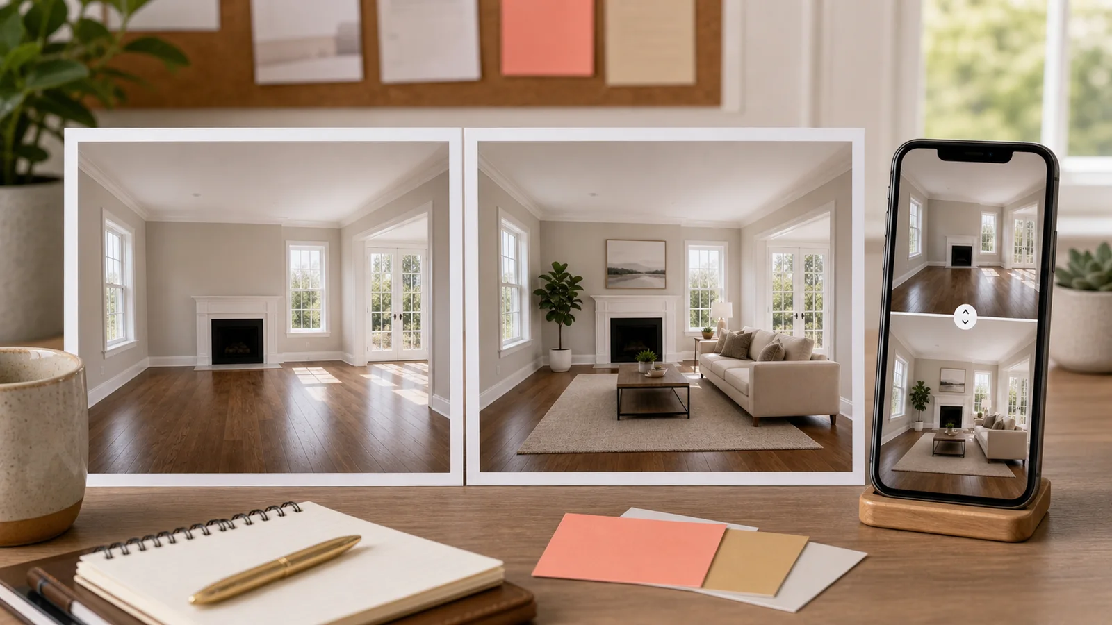 Before and after virtual staging photos used for a real estate Reel