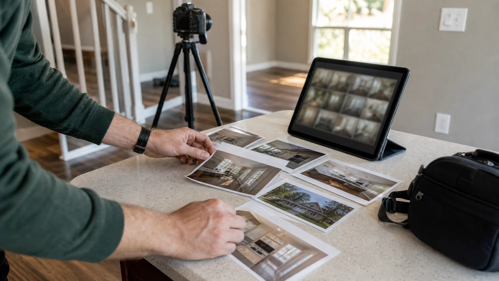 Real estate photographer arranging printed listing photos to plan a video tour from photos