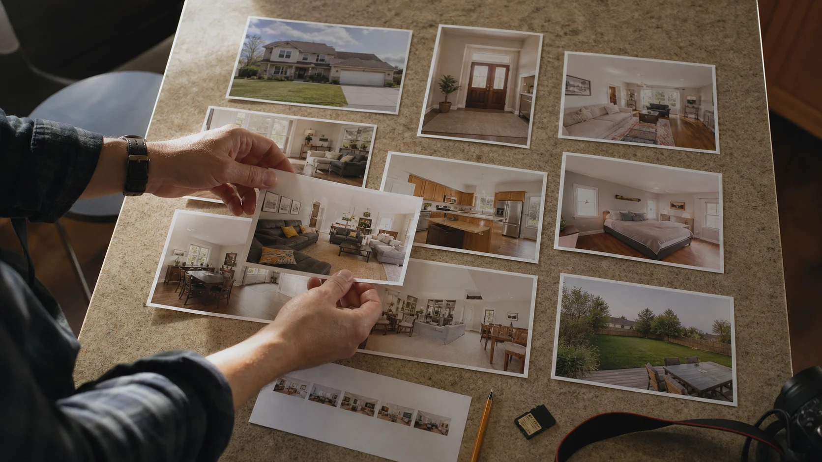 Printed real estate listing photos arranged as a room-by-room video tour sequence