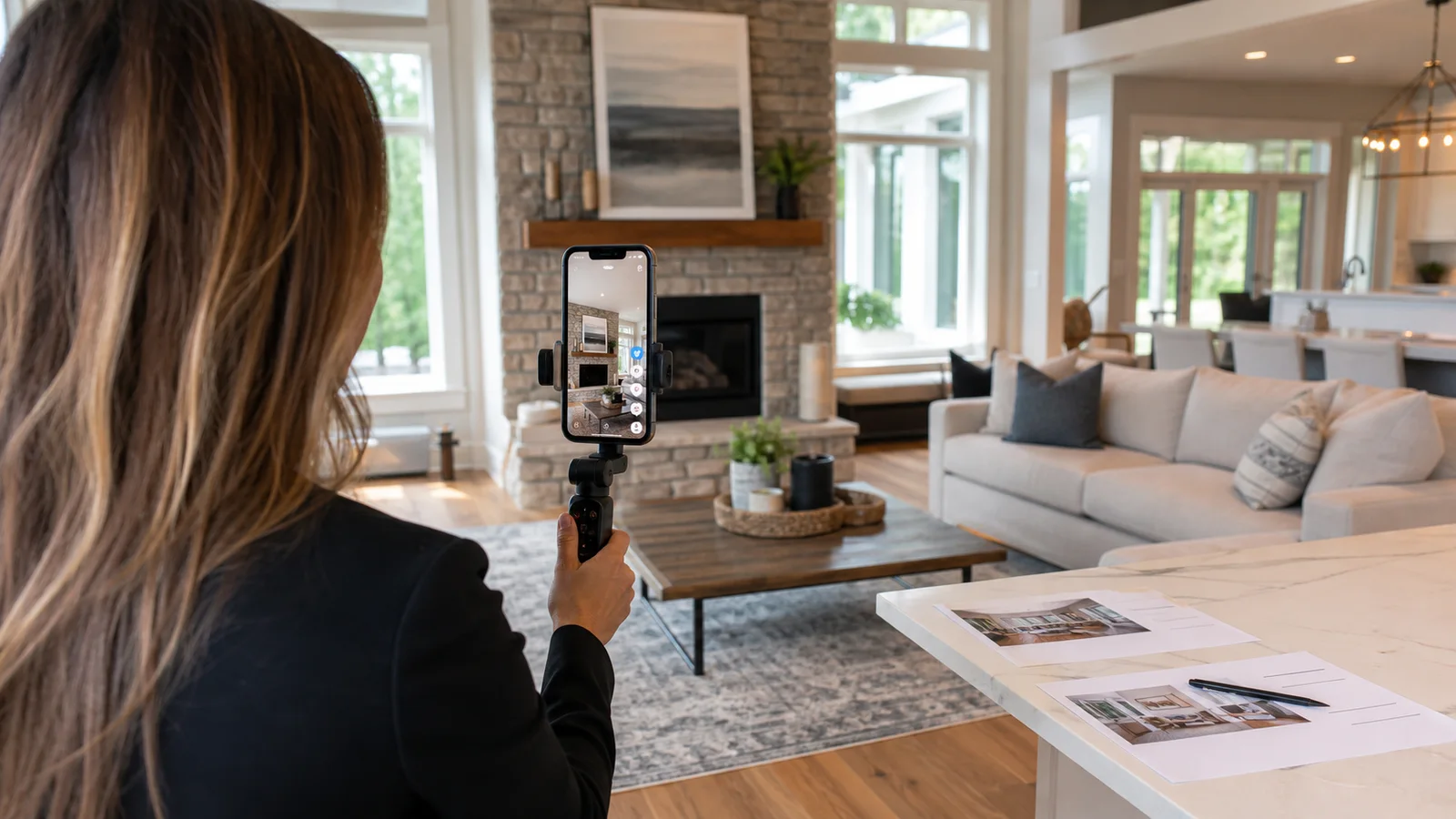 Agent filming a short vertical real estate listing video inside a staged living room