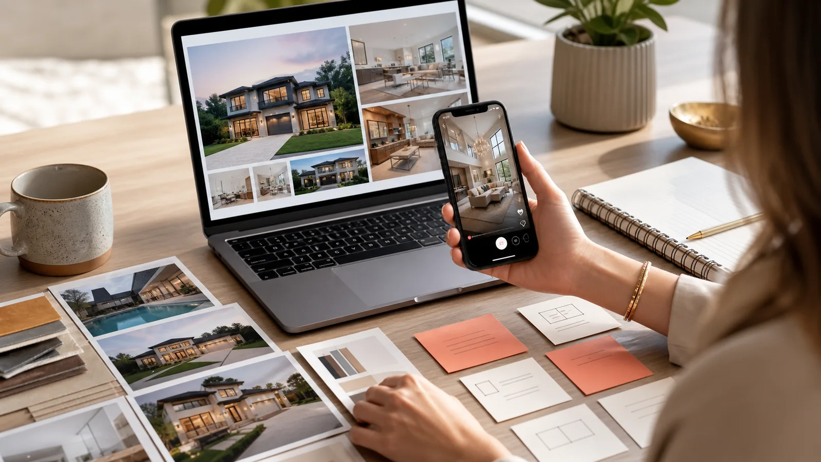 Real estate listing hook planning desk with phone, laptop, listing photos, and content cards
